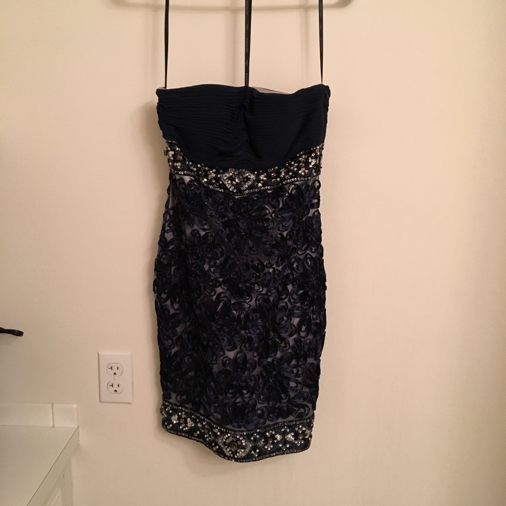 Sue Wong navy beaded strapless dress